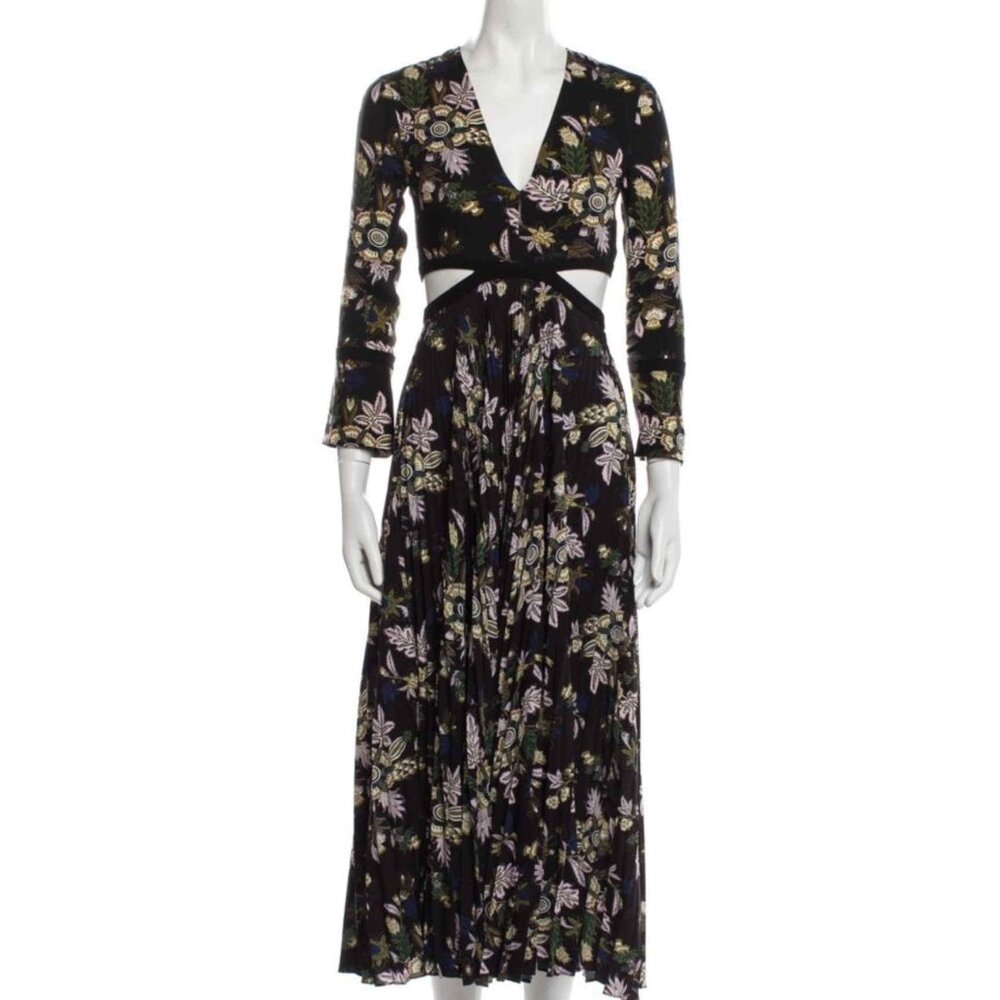 A.L.C. Silk Josefa Midi Dress Black Floral Cutout Pleated - Size 0